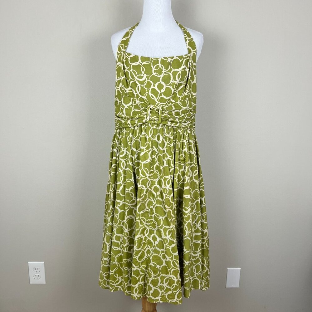 Suzi Chen Maggy Boutique Dress 14 Green Geometric Halter Pleated Fit Flare